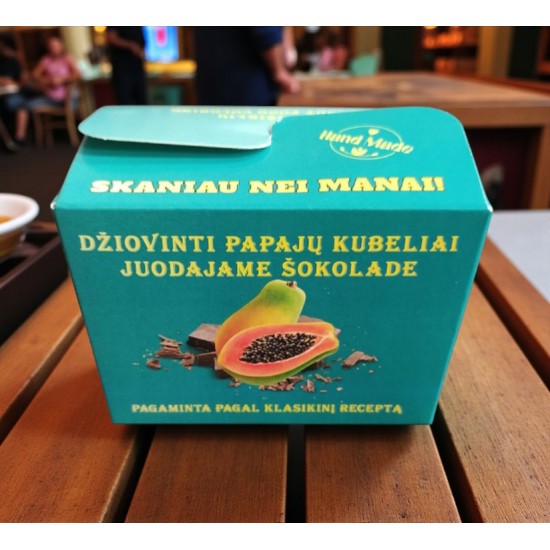 Dražė papajos 72 % juodajame šokolade – Biržų Šokoladas Dražė papajos 72 % juodajame šokolade, 125 g – Biržų Šokoladas