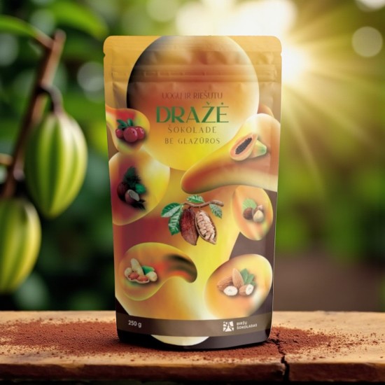 Dražė riešutų ir uogų mišinys 72 % juodajame šokolade – Biržų Šokoladas Dražė riešutų ir uogų Mix 72 % juodajame šokolade, 250 g – Biržų Šokoladas