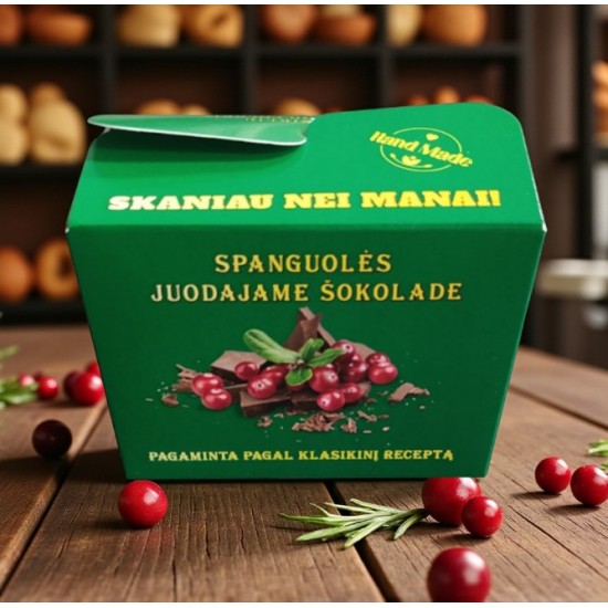 Dražė spanguolės šokolade – Biržų šokoladas Spanguolės juodajame šokolade