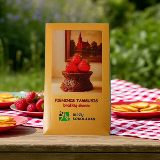 Pieninis tamsusis šokoladas braškių skonio Pieninis tamsusis šokoladas braškių skonio
