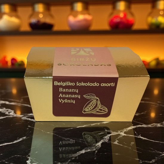 Belgiško šokolado asorti bananų, ananasų, vyšnių skoniai