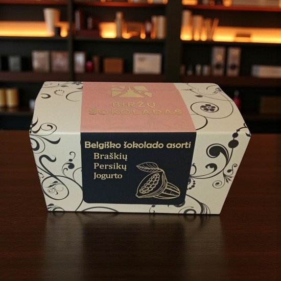 Belgiško šokolado asorti braškių, persikų, jogurto skoniai Belgiško šokolado asorti braškių, persikų, jogurto skoniai