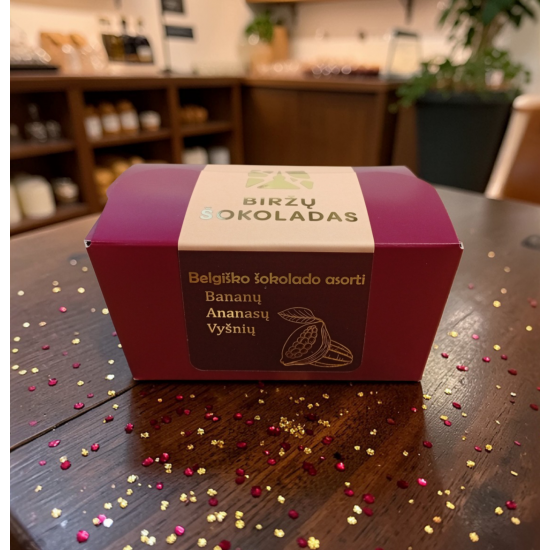Belgiško šokolado asorti bananų, ananasų, vyšnių skoniai