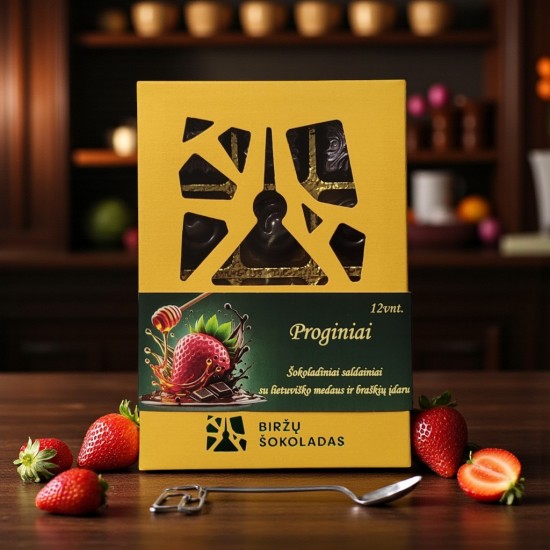 Šokoladiniai saldainiai "Proginiai" su lietuviško medaus ir braškių įdaru Šokoladiniai saldainiai "Proginiai" su lietuviško medaus ir braškių įdaru