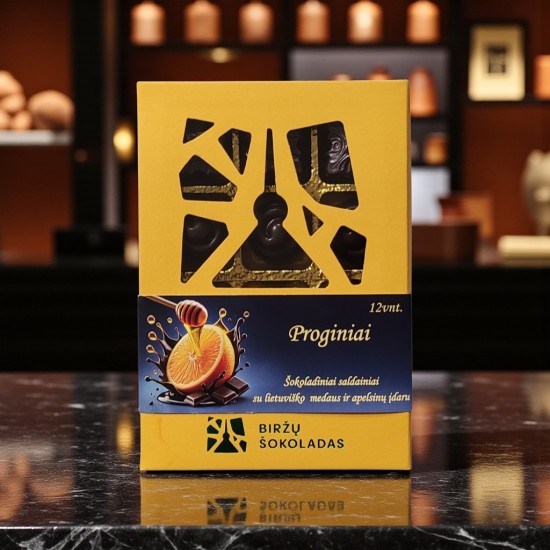 Šokoladiniai saldainiai "Proginiai" su lietuviško medaus ir apelsinų įdaru Šokoladiniai saldainiai "Proginiai" su lietuviško medaus ir apelsinų įdaru